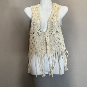 Womens Crochet Retro Vest S/M ? Cream Fringe Open Front Boho Hippie Festival